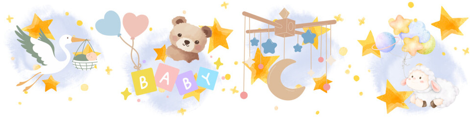 cute cartoon illustration with children room sticker / wallpaper / decor; teddy bear, word 