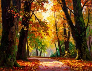 Obraz premium Semi Realistic Digital Painting of Autumn Forest Walk with Colorful Falling Leaves