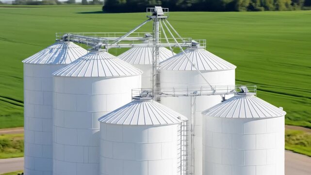 White Grain Silos in Green Agricultural Field for AGRICULTURE