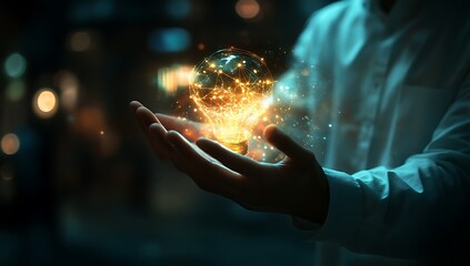 Hands cupping a glowing golden light bulb filled with digital network connections idea innovation