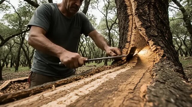 Man harvesting cork from tree in lush forest setting
