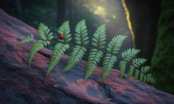 Fern leaf rests on a rock, ladybug perched. Sunlight filters through forest