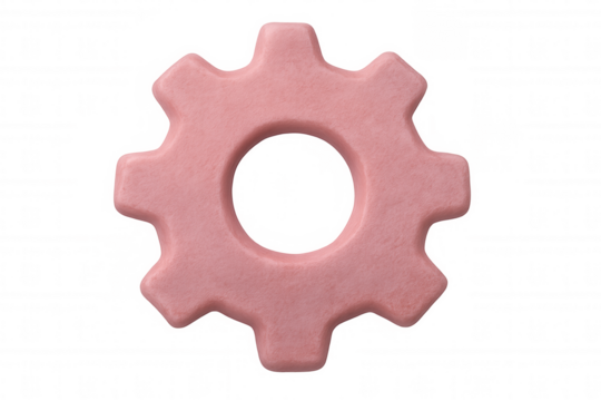 Rotating pink mechanical gears interlocking, representing technological innovation against minimalist transparent backdrop