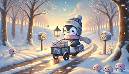 A Small Penguin Mail Carrier's Journey Through a Melting Snowy Forest, Delivering Glowing Letters and Parcels on a Gentle Spring Breeze