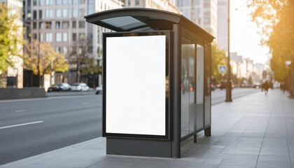Blank billboard at bus stop sunny urban scene advertising space opportunity high quality professional
