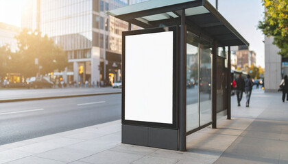 Fototapeta premium Blank billboard at bus stop urban scene advertising space sunny day high quality professional