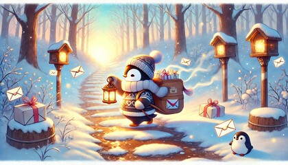 A Whimsical Spring Journey: A Penguin Mail Carrier Delivering Magical Letters Through a Thawing Forest Path, Surrounded by Snow-Covered Trees and Gentle Pastel Skies