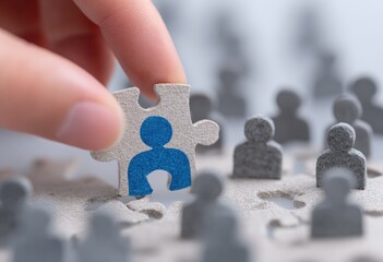 Hand placing a blue puzzle piece person into a puzzle of grey people