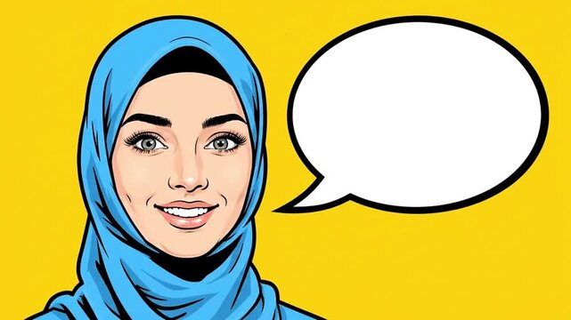 Muslim Woman in Blue Hijab Looking Up, Bright Yellow Backdrop &ndash; Perfect for Education, Storytelling, and Project Use