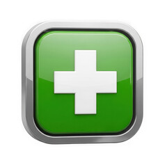 Obraz premium A white plus sign on a glossy green square button isolated on transparent background, representing medical or health assistance