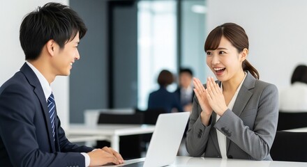 同僚に賞賛の拍手を送る日本人女性ビジネスパーソン