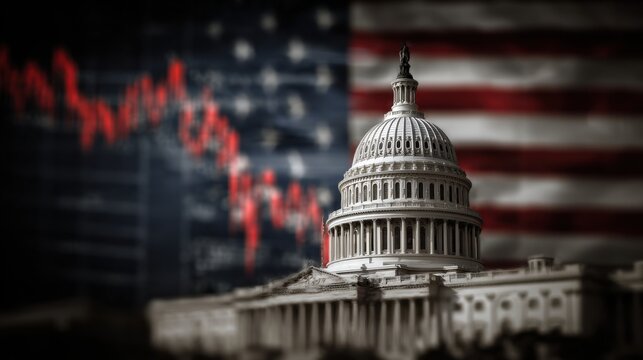 The Capitol building stands prominently as the backdrop for an American flag, while a downward trend graph signifies economic decline during the evening hours