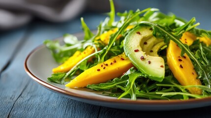 A vibrant salad featuring slices of ripe mango and creamy avocado on a bed of fresh arugula. The dish is garnished with red pepper flakes, adding a touch of spice