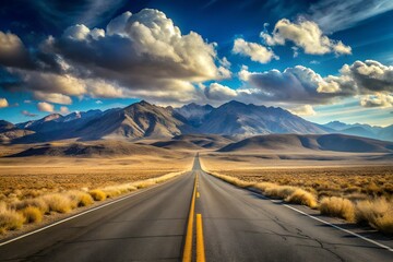 A long road leads to the mountains under a cloudy blue sky landscape