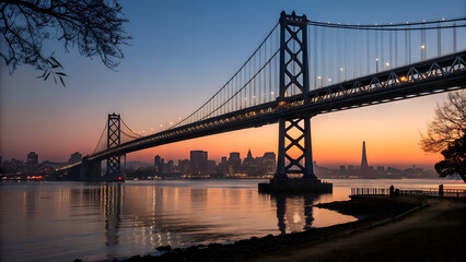 Fototapeta premium Silhouetted suspension bridge at dusk with city lights