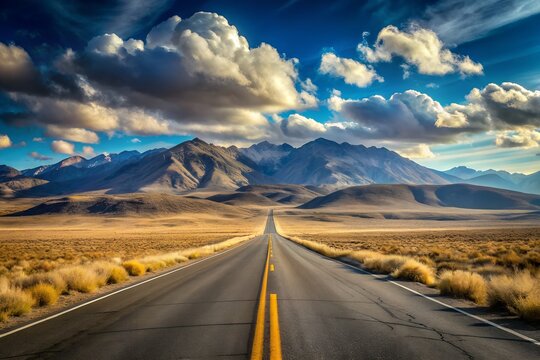 A long road leads to the mountains under a cloudy blue sky landscape