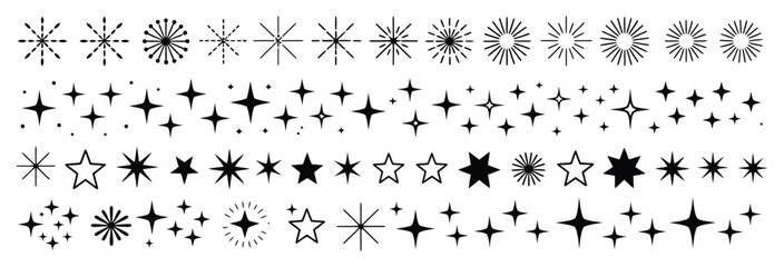 Obraz premium Vector art of diverse set of star and sparkle vector illustrations isolated on white background, showcasing various designs for decorative elements and graphic enhancement in projects