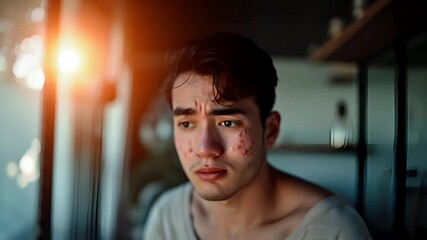 Allergy victim suffering. A closeup portrait of a young man with a serious expression, looking directly at the camera. The lighting is soft, casting a warm glow on his face.