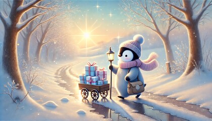 A whimsical scene of a penguin mail carrier delivering glowing letters and parcels through a quiet, sunlit forest, with melting snow and gentle pastel hues evoking the warmth of approaching spring