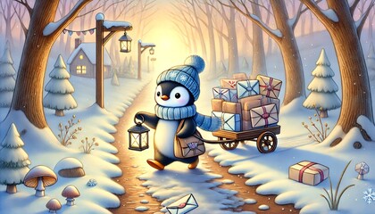 A Small Penguin Mail Carrier Embarks on a Whimsical Journey Along a Melting Snow Path, Delivering Magical Letters Through a Quiet, Sunlit Forest Toward Spring
