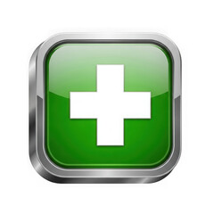 Obraz premium A glossy green square button with a white plus sign, symbolizing medical aid and help, isolated on transparent background