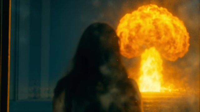 burning mushroom of nuclear explosion rises up. woman runs in direction of explosion, where her relatives and family. Nuclear fear becomes terrifying reality. atomic blast concept