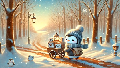 A gentle, whimsical illustration of a small penguin mail carrier walking along a thawing forest path under a bright spring sky, with glowing parcels and letters swaying in the soft breeze