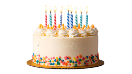 A birthday cake with colorful sprinkles and lit candles against a black background in a studio shot