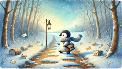 A gentle, whimsical illustration of a small penguin mail carrier walking through a thawing forest path under a soft spring sky, delivering glowing letters and packages