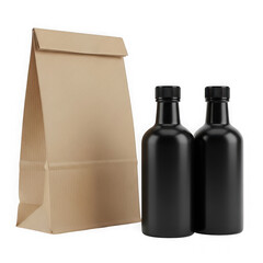 Brown paper lunch bag and two black bottles isolated on transparent background