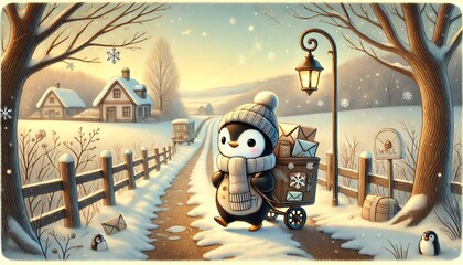 A whimsical scene of a penguin mail carrier delivering glowing letters and parcels through a sunlit, melting snow-covered forest path, under a gentle spring sky