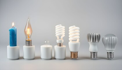 Different types of light bulbs displayed in a row, alongside a lit candle.