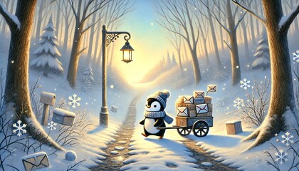 A gentle, whimsical illustration in pastel colors of a penguin mail carrier strolling through a sunlit, snow-melting forest, delivering glowing letters and packages on a serene spring morning