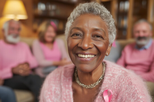 Elderly African American woman in pink at breast cancer awareness event. Support Group In Pink Shirts. Breast Cancer Awareness Month