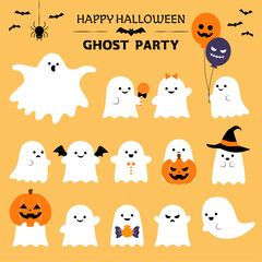 ハロウィンのかわいい手描きお化けイラストセット