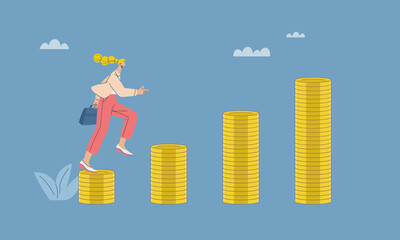 Female investor climbing gold coins stack steps on a pile of gold coins from bottom to top, Representing financial growth, Wealth and success from investing, Flat design vector illustration.