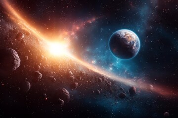 Naklejka premium A piece of a planet, an asteroid and other space bodies. Generative AI