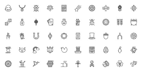 Luck icon set. Vector symbols collection. Buddha, Swastika, Ladybug, Lotus, Poker cards, Shooting star, Flower, Jackpot, Dreamcatcher and more.