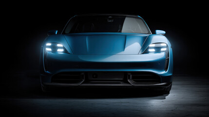 An electric vehicle stands prominently in a dark setting, with its headlights glowing