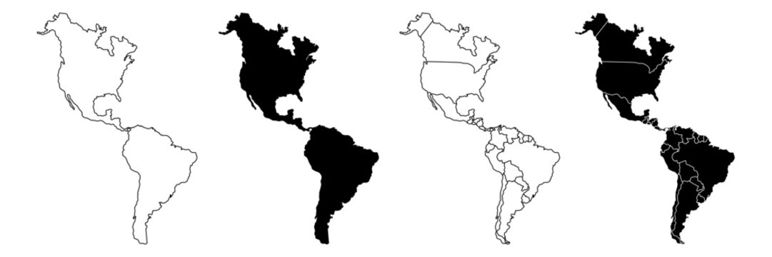 America  map,America Continent vector map in white background.America map background with country.America  political map. High detailed. Solid simple style. Black and white. Vector editable.