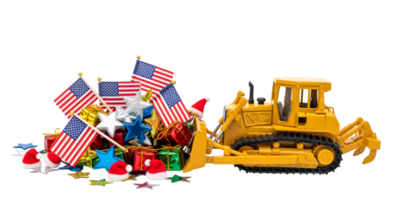 Bulldozer with American Flags and Patriotic Decorations for Labor Day Isolated on White Background