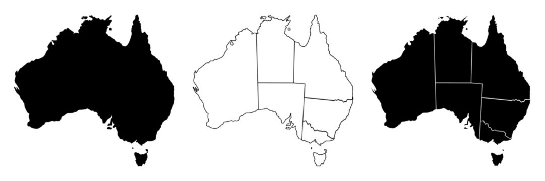 Australia map, Australia country vector map in white background.Australia map background with states.Australia political map. High detailed. Solid simple style. Black and white. Vector editable.	