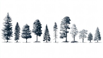 Minimal Style CAD Tree Line Drawing Side View Set