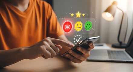 Customer giving online feedback and rating satisfaction on a smartphone