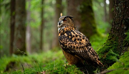 Fototapeta premium Eurasian eagle owl forest portrait.