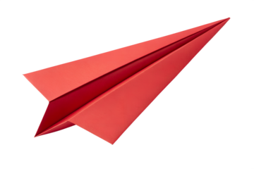 A single bright red origami paper airplane, a classic handmade toy representing childhood creativity and travel, isolated on a transparent background.