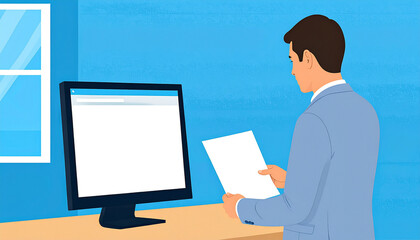 Man reviewing document near computer in office interior professional setting focused work high quality professional