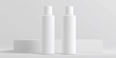 DUE FLACONI COSMETICI BIANCHI IDENTICI SU SFONDO NEUTRO