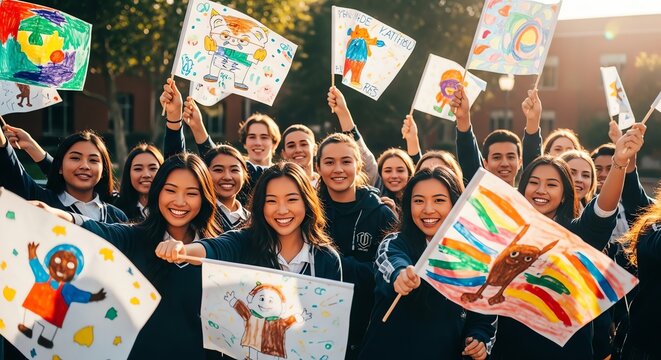 Diverse Group of Happy Students with Hand-Drawn Flags - Powered by Adobe