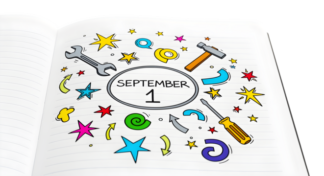 September 1 Labor Day Celebration with Tools and Stars Isolated on White Background